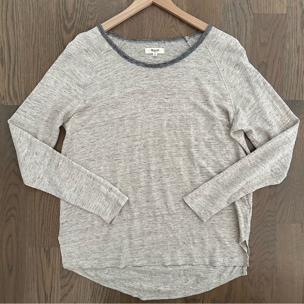 Madewell Modern Linen Ringer Raglan Tee in Oatmeal Heather & Grey Size Medium